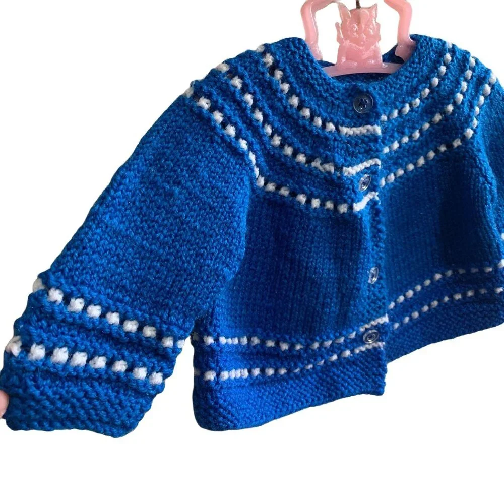 Vintage Handknit Cozy Chunky Knit Retro Blue Cardigan 0-3 Months